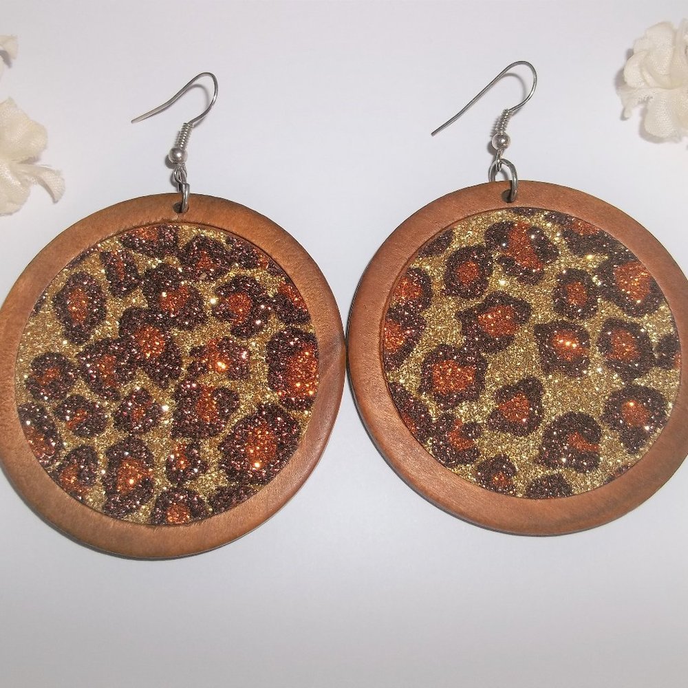 Statement Earring Sparkly Animal Print Brown Orange Gold Silver Wood Circle A279